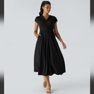 Halara Breezeful V Neck Short Sleeve Pocket Tie Back Quick Dry Midi Dress